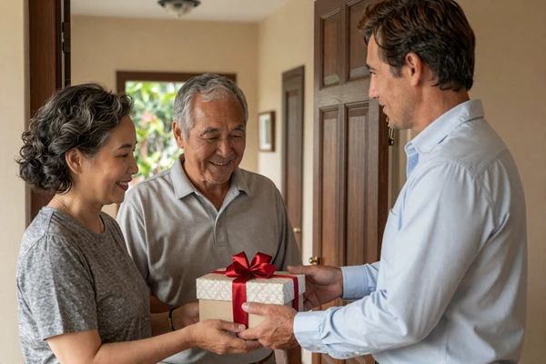 Western man respectfully presenting a gift to his Asian girlfriend's parents during a first meeting at their home