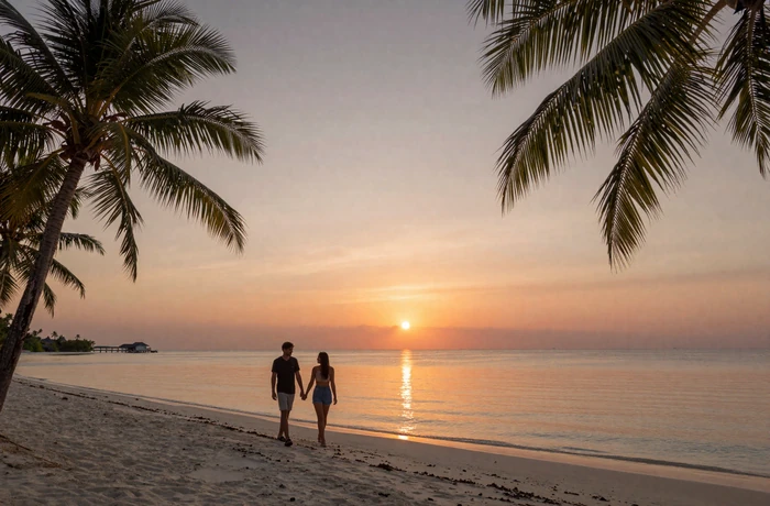 Romantic sunset scene on Maldivian beach with couple walking along white sand shore