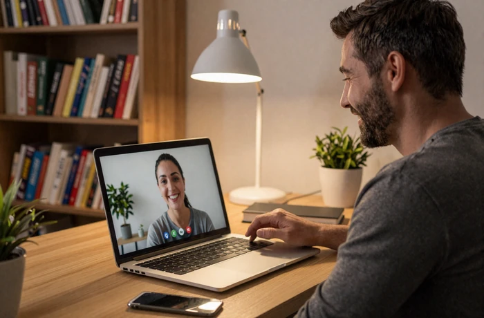 Western man having a warm video call with a Tajik woman on his laptop in a cozy home office setting