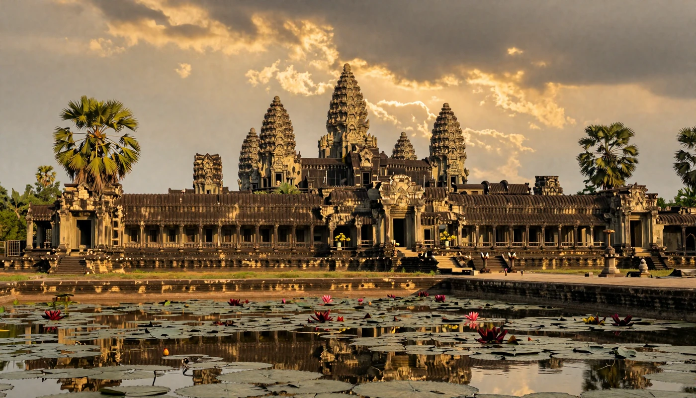 Angkor Wat temple silhouette at golden hour with warm amber light reflecting across lotus ponds in Siem Reap Cambodia