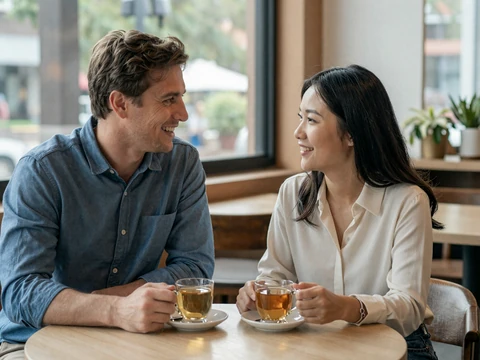 Western man and Asian woman enjoying tea together at a cozy cafe during a cross-cultural first date