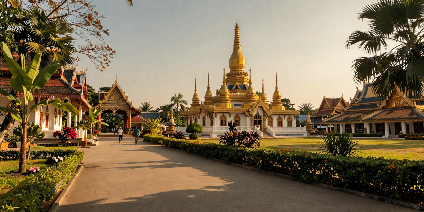 Golden hour view of an ornate Southeast Asian temple complex surrounded by tropical gardens, representing the adventure of a first trip to Asia