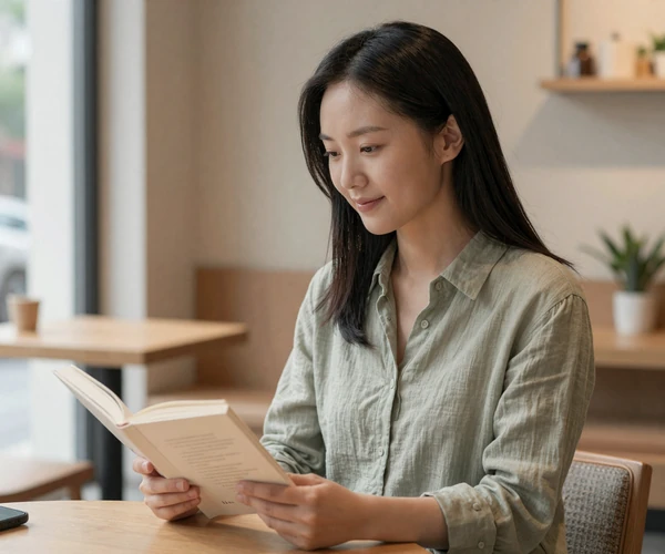 Chinese woman reading at a modern Beijing cafe in natural light
