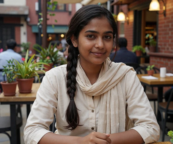 Nepali woman in casual outfit enjoying coffee at a Kathmandu cafe with warm natural lighting