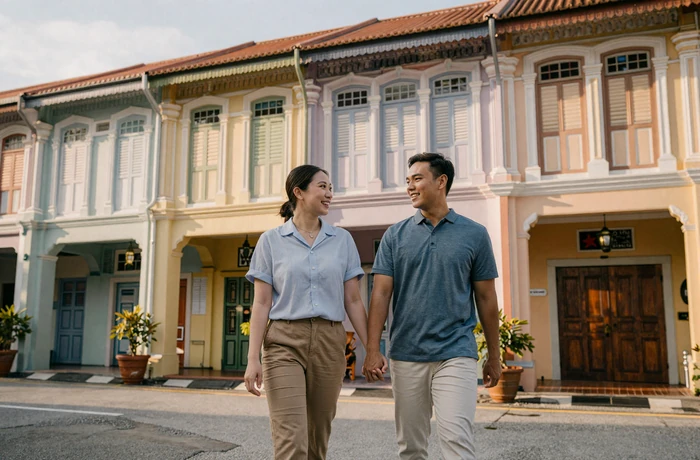 Happy Western man and Singaporean woman walking together along colorful Peranakan shophouses in Katong at golden hour