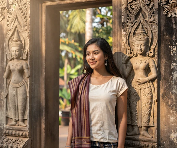 Cambodian woman wearing traditional krama scarf standing beside ancient Khmer stone apsara relief at a Siem Reap temple