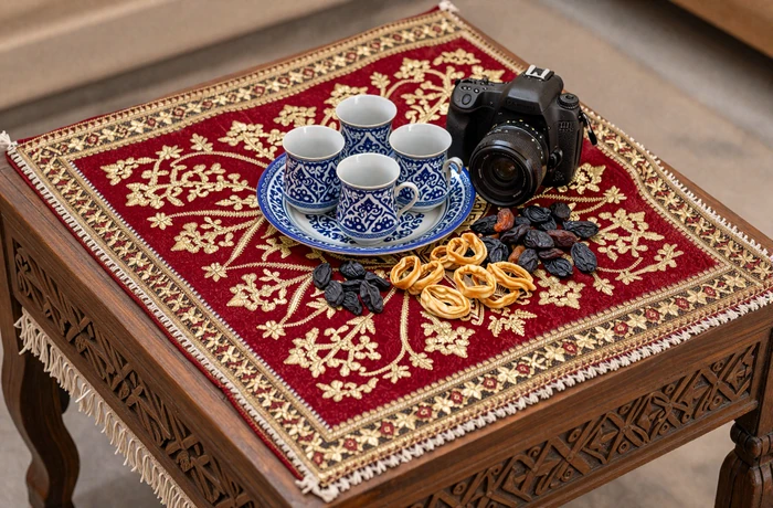 Traditional Uzbek suzani embroidery and ceramic tea set with dried fruits arranged on carved wooden table