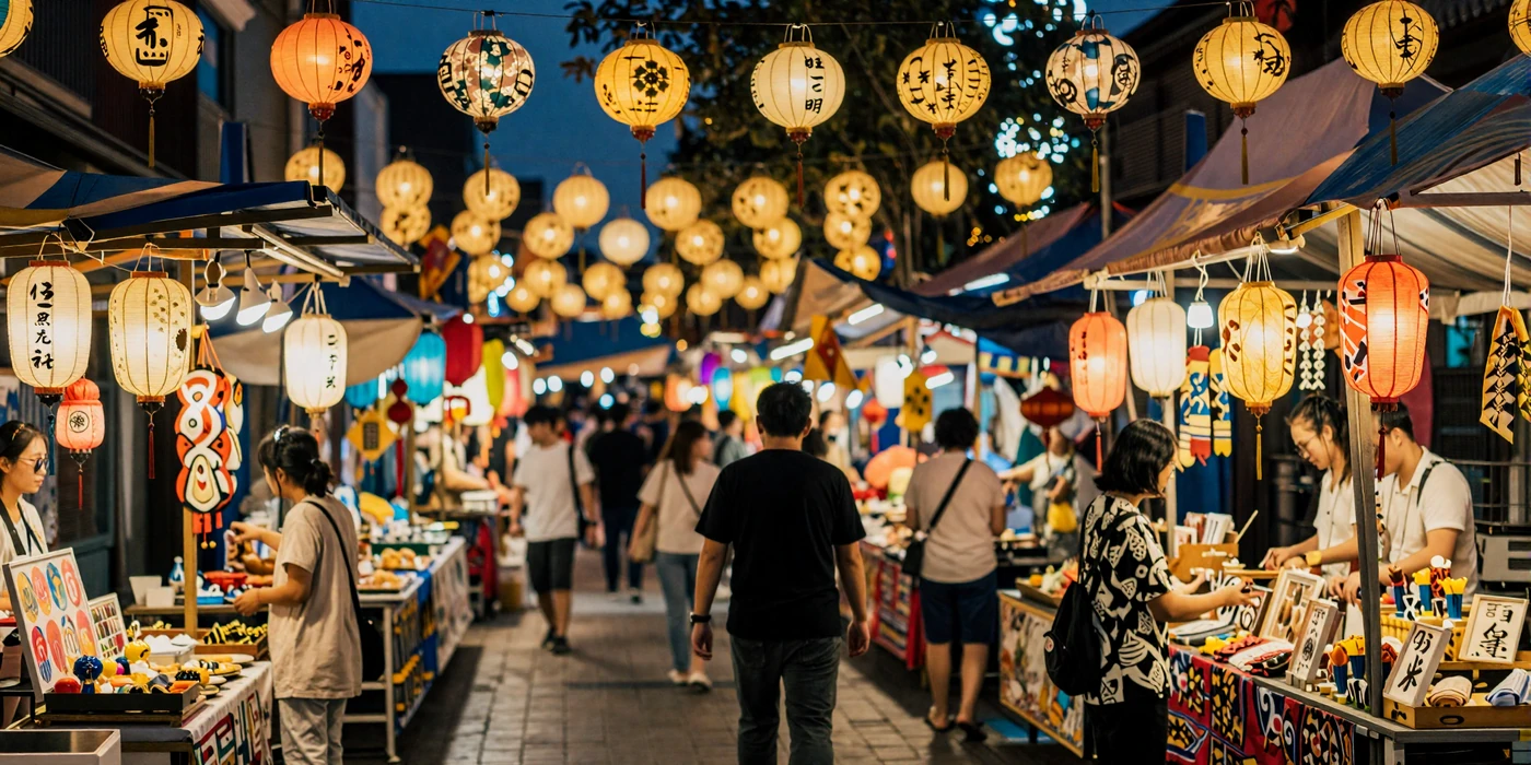 Colorful Asian night market with diverse cultural lanterns and warm golden lighting representing cultural diversity across Asia