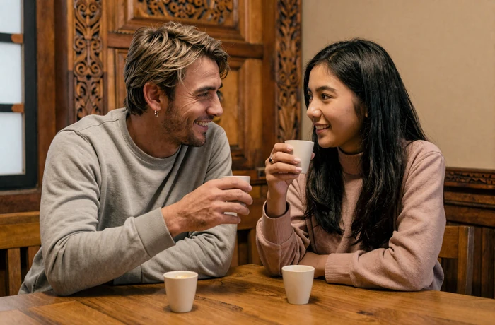 Western man and Bhutanese woman sharing butter tea together at a traditional Bhutanese home with warm wooden interior