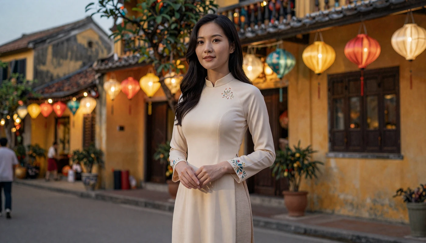 Beautiful Vietnamese woman in elegant ao dai inspired outfit on a lantern-lit Hoi An street at golden hour