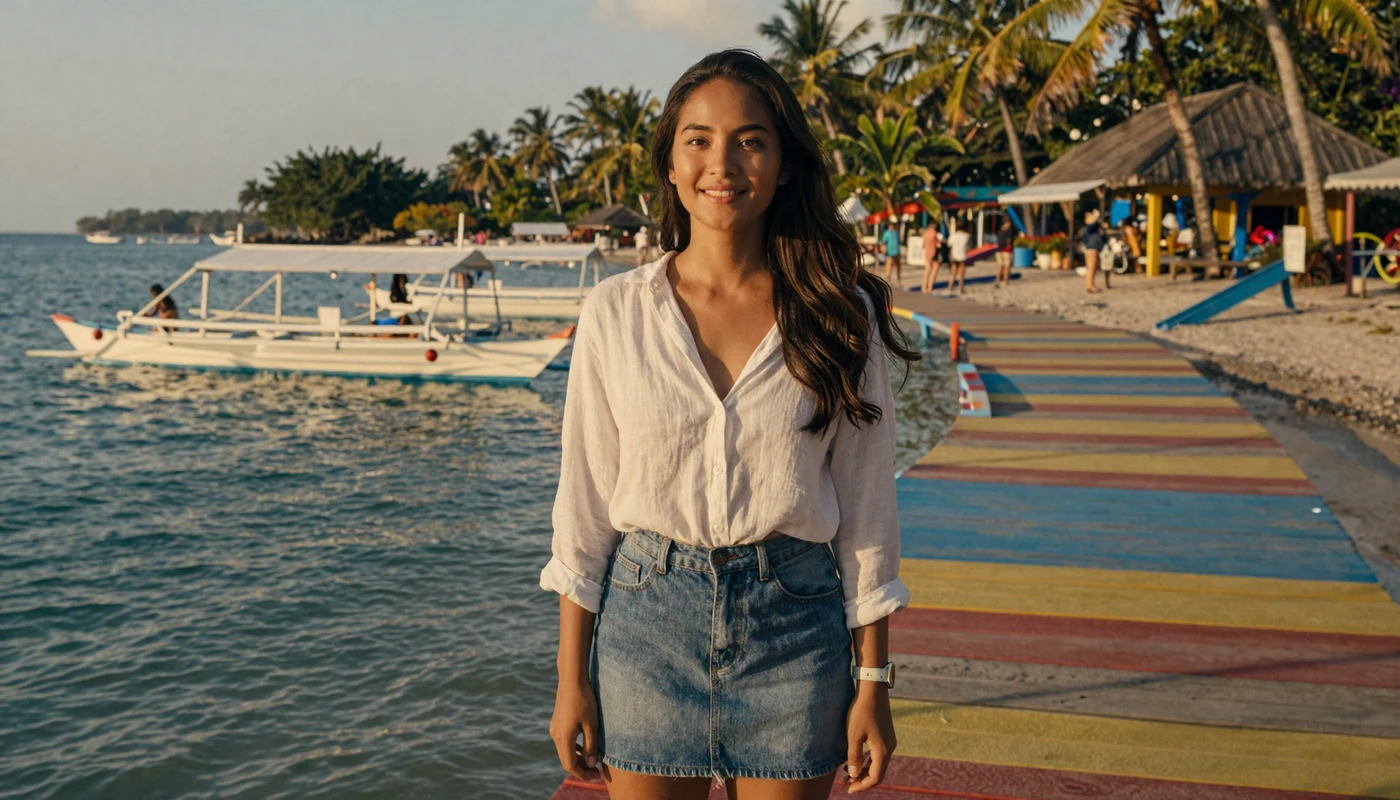 Beautiful Filipino woman smiling on a tropical Philippine coastal boardwalk at golden hour