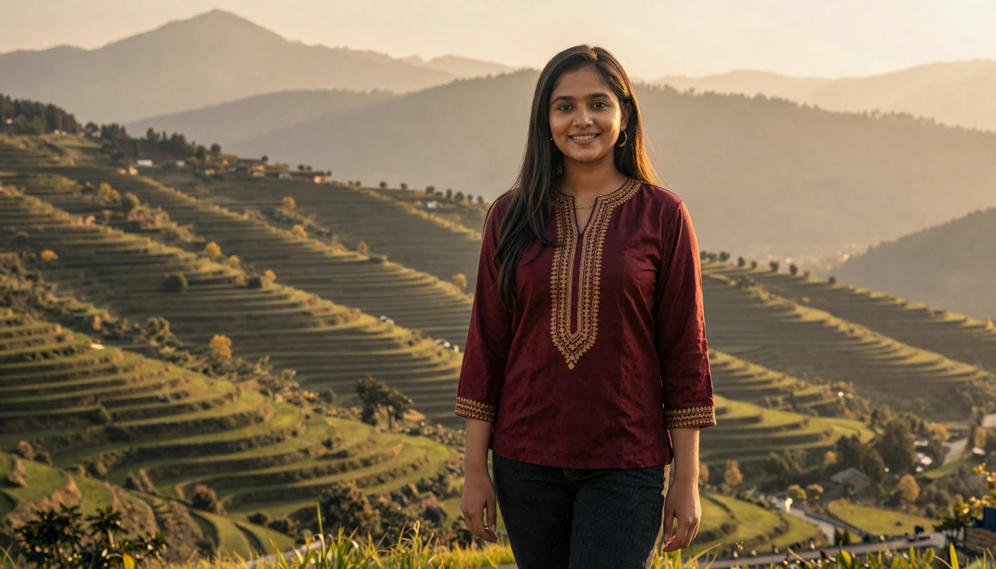 Beautiful Nepali woman in elegant maroon kurta standing at a Himalayan overlook at golden hour