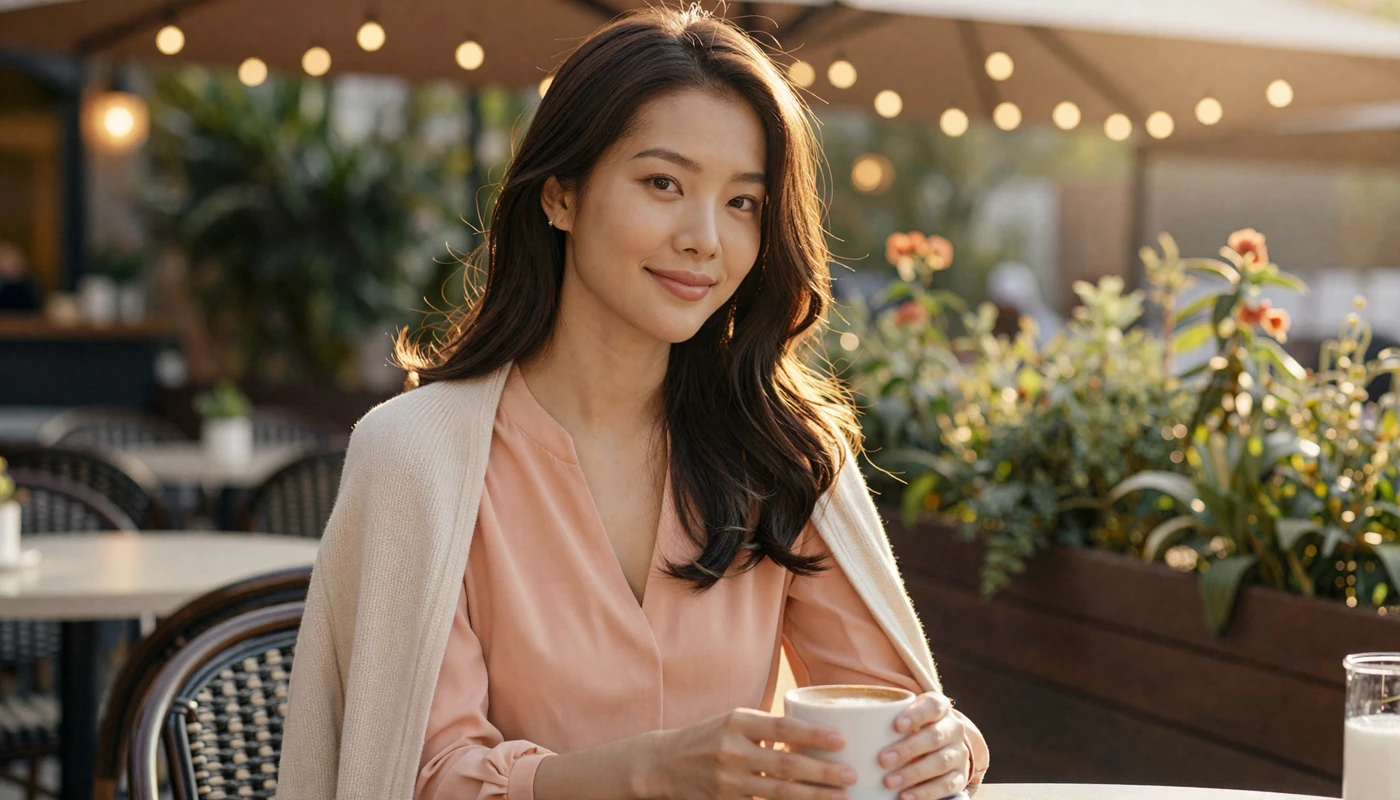 Beautiful Asian woman at a cafe terrace smiling warmly, representing genuine Asian dating connections