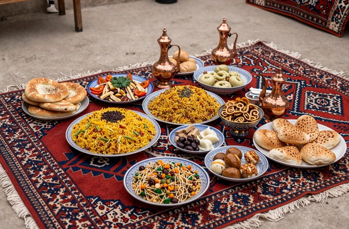 Traditional Turkmen feast table with plov, fresh bread, and ornate copper teapots set on colorful handwoven carpets