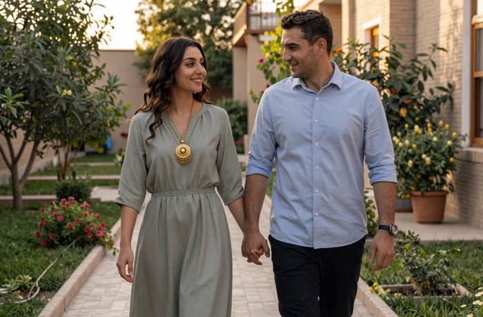 Turkmen woman and Western man walking together through a sunlit garden path at golden hour