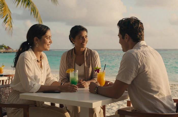 Maldivian woman and Western man enjoying conversation at a tropical beachside cafe with ocean view