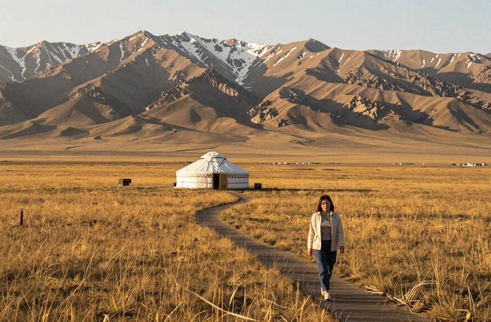 Kazakh steppe golden grasslands with traditional yurt and snow-capped mountains at sunset, Kazakhstan cultural landscape