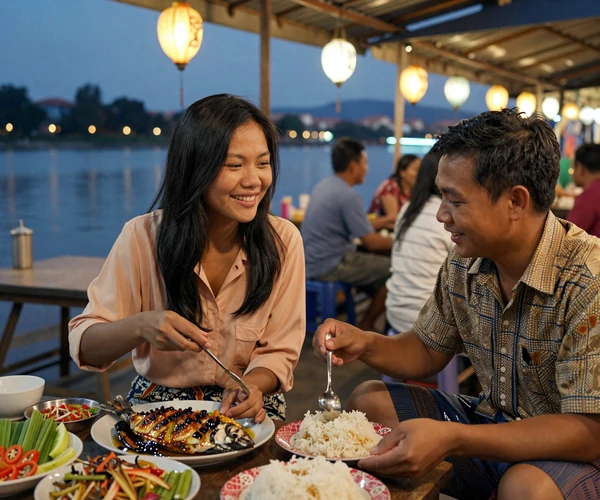 Couple sharing a traditional Lao meal of grilled fish and sticky rice at a Vientiane riverside night market under warm lantern light