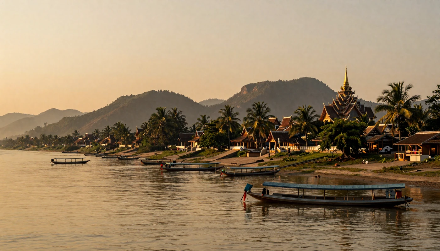 Serene Mekong River at golden hour with Luang Prabang temple spires and lush green hills in background, Laos