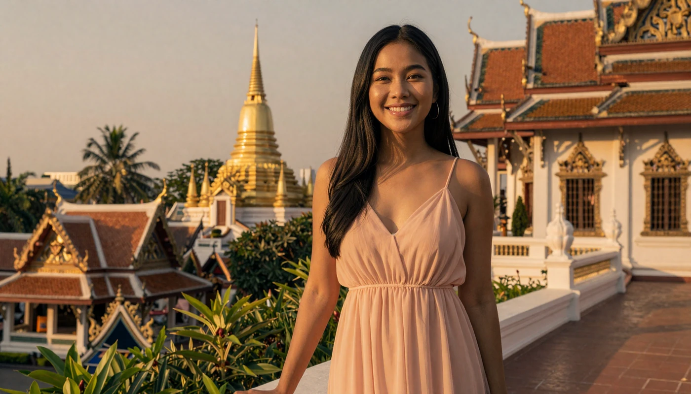 Beautiful Thai woman in flowing peach sundress standing on a terrace overlooking golden temple spires at sunset in Thailand