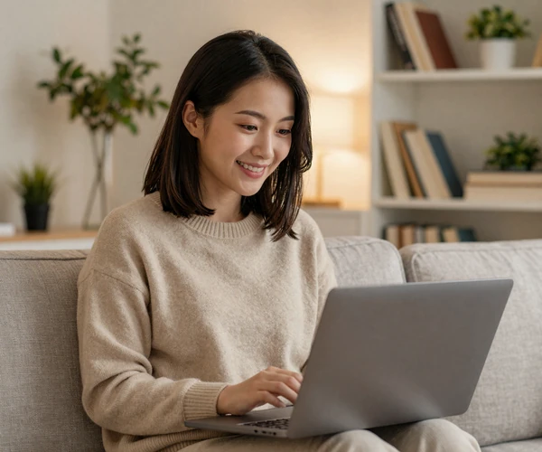 Chinese woman video chatting on laptop in a cozy modern apartment with warm lighting