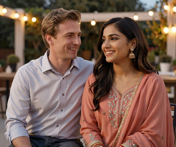 Happy Western man and Pakistani woman together on an outdoor terrace with warm evening lighting