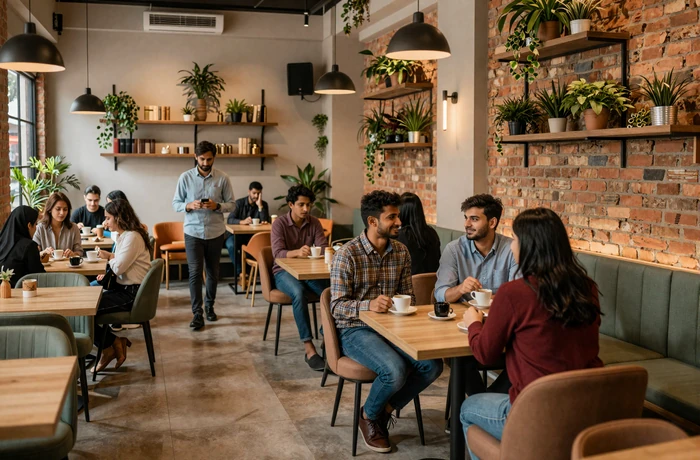 Modern Indian cafe in Mumbai with young professionals socializing in warm ambient light