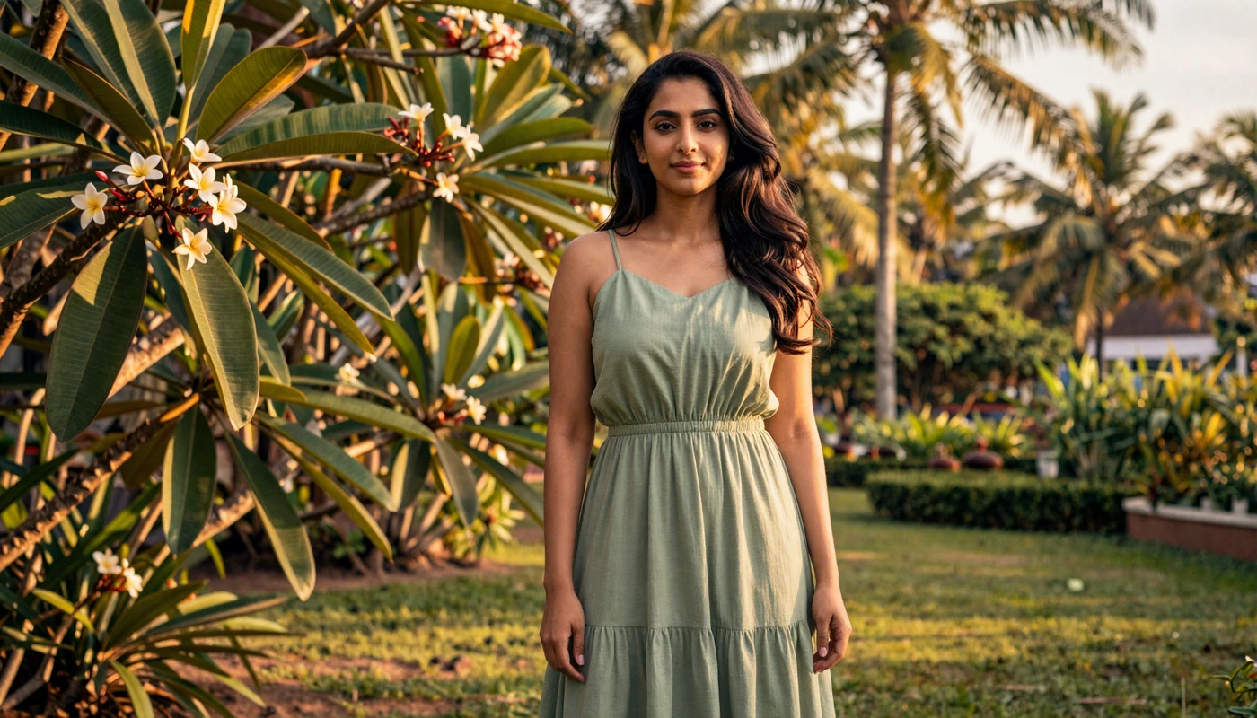 Beautiful Sri Lankan woman in elegant green dress standing in a lush tropical garden with frangipani flowers at golden hour