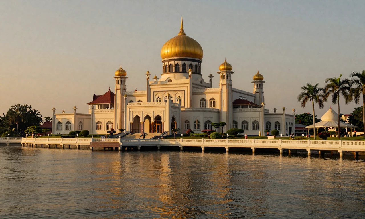 Brunei Royal Regalia Museum and waterfront promenade in Bandar Seri Begawan with Islamic golden domes at golden hour