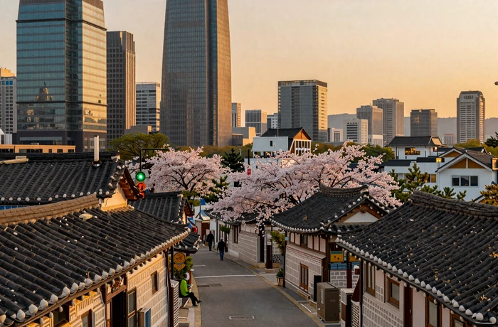 Seoul South Korea cityscape at golden hour with traditional Bukchon Hanok Village and modern skyline