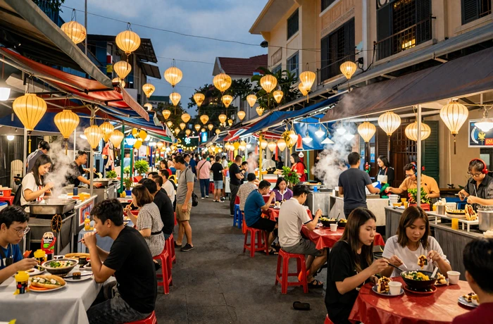 Vibrant Vietnamese street food market at dusk in Ho Chi Minh City with warm lantern lights and steaming pho stalls