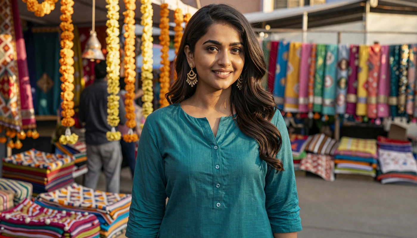 Beautiful Indian woman in modern teal kurta standing at a colorful Indian market square during golden hour