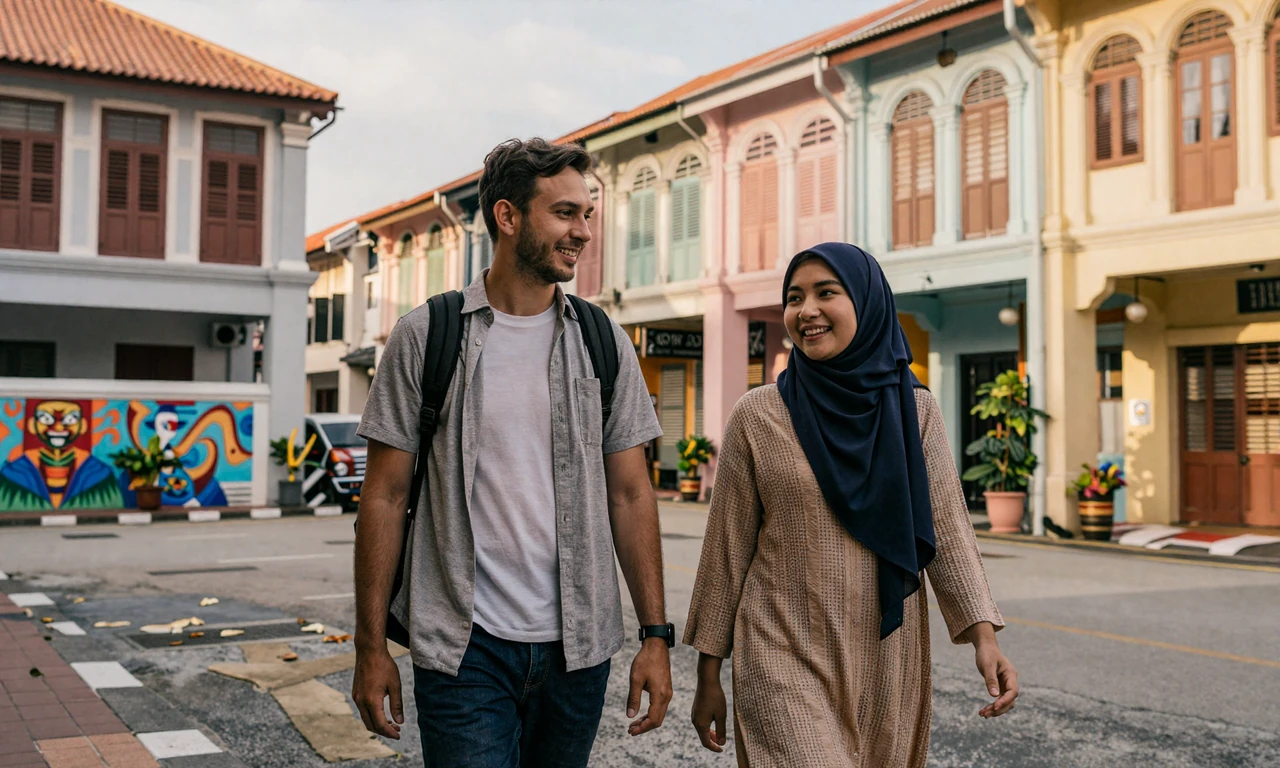 Western man and Malaysian woman walking together through colorful Penang Georgetown heritage street at golden hour