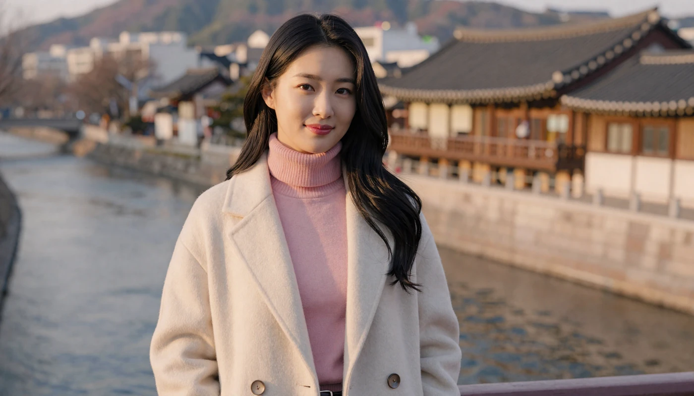 Korean woman in modern cream coat standing on bridge with traditional Korean architecture at golden hour