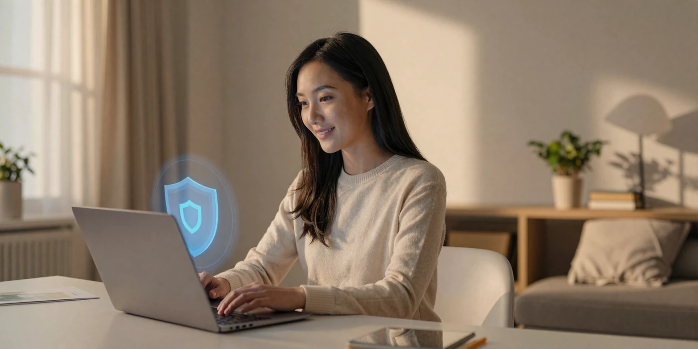 Asian woman safely browsing a verified dating platform on her laptop in a cozy well-lit apartment